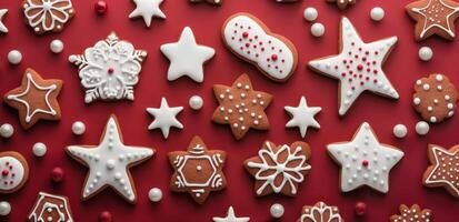Festive Christmas Cookies and Decorations on Red Background photo