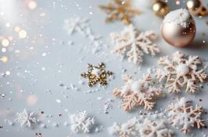 Festive Snowflake Decorations on Light Background for Celebrating Winter Holidays photo