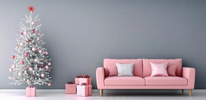 Cozy Living Room Decorated for Christmas With Pink Sofa and Festive Tree photo