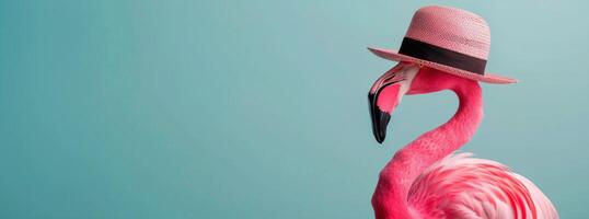 Playful Pink Flamingo Wearing a Straw Hat Against a Turquoise Background photo