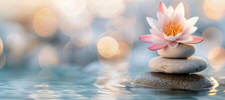 Tranquil Lotus Flower Blossom on Stacked Stones in Calming Water Setting photo