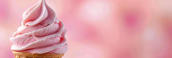 Delicious Pink Swirl Soft Serve Ice Cream In A Cone Against A Blurred Background photo