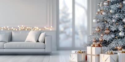 Modern Living Room With Christmas Tree and Presents on a Bright Winter Day photo