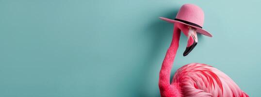 Playful Pink Flamingo Wearing a Straw Hat Against a Turquoise Background photo