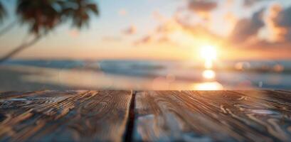 Sunset Over Tranquil Ocean With Silhouetted Palms Near Wooden Dock photo
