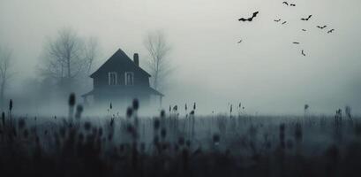 Eerie Misty Landscape With Silhouetted Manor and Flocking Birds at Dusk photo
