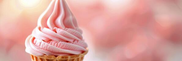 Delicious Pink Swirl Soft Serve Ice Cream In A Cone Against A Blurred Background photo