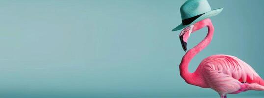 Playful Pink Flamingo Wearing a Straw Hat Against a Turquoise Background photo
