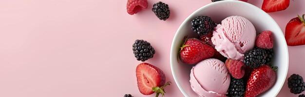 Berry-Infused Ice Cream Served in White Bowl on Pink Background photo