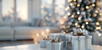 Modern Living Room With Christmas Tree and Presents on a Bright Winter Day photo