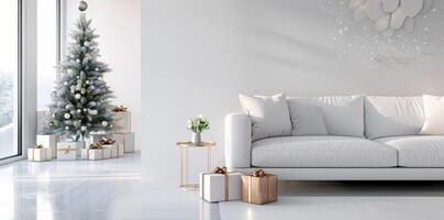 Modern Living Room With Christmas Tree and Presents on a Bright Winter Day photo