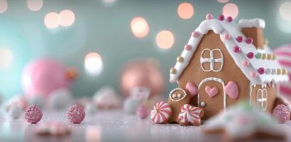 Festive Gingerbread House Decorated With Candy and Icing During Holiday Season photo
