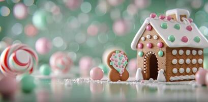 Festive Gingerbread House Decorated With Candy and Icing During Holiday Season photo