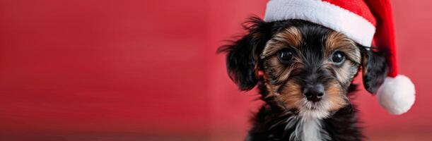 Adorable Puppy in Santa Hat Against Red Background During Holiday Season photo