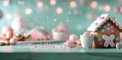 Festive Gingerbread House Decorated With Candy and Icing During Holiday Season photo