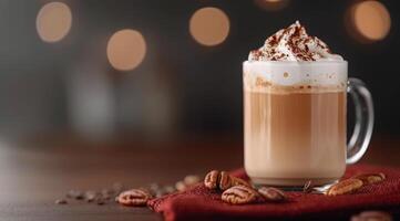 Creamy Chocolate Beverage With Whipped Topping and Nuts on a Cozy Winter Table photo