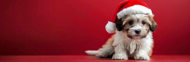 Adorable Puppy in Santa Hat Against Red Background During Holiday Season photo