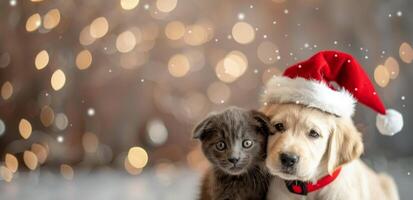 Kitten and Puppy Celebrating Christmas Together With Festive Accessories photo