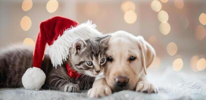 Kitten and Puppy Celebrating Christmas Together With Festive Accessories photo