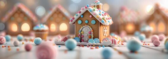 Gingerbread House Surrounded by Colorful Candy in a Winter Wonderland photo