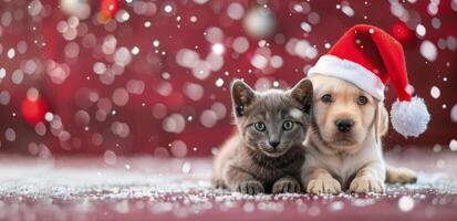 Puppy and Kitten Celebrating Christmas Together on Red Background photo