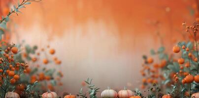 Autumn Pumpkins and Seasonal Decor on a Table With Warm Background photo