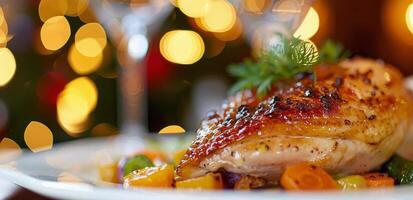 Roasted Chicken Dish With Vegetables in Festive Setting photo