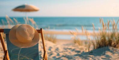Relaxing Beach Scene With Hat and Sunglasses at Sunset photo