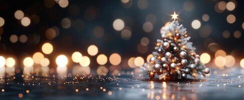 Elegant Christmas Tree Decorated With White Ornaments and Warm Lights in Evening Setting photo