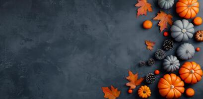 Autumn Harvest Decor With Pumpkins And Colorful Leaves On Dark Background photo
