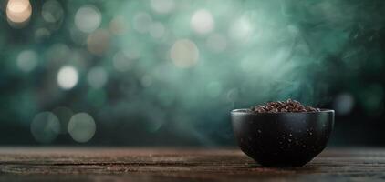 Steaming Bowl of Coffee Beans in Dim Light Environment photo