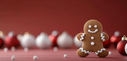 Gingerbread Man Cookie With Festive Ornaments on Red Background for Holiday Celebration photo
