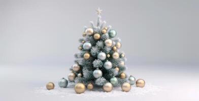 Decorated Christmas Tree Surrounded by Glittering Ornaments in Soft Winter Light photo