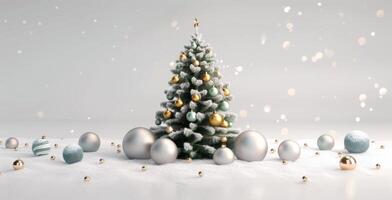 Decorated Christmas Tree Surrounded by Glittering Ornaments in Soft Winter Light photo