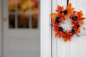 Autumn Decorations With Colorful Berries and Leaves on a Window photo