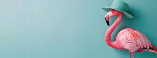 Pink Flamingo Wearing a Straw Hat Against a Turquoise Background photo