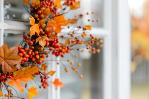 Autumn Decorations With Colorful Berries and Leaves on a Window photo