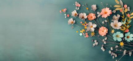 Floral Arrangement With Pastel Blooms on a Soft Green Background photo