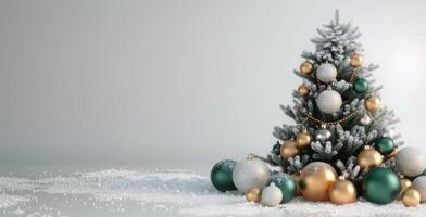Decorated Christmas Tree Surrounded by Glittering Ornaments in Soft Winter Light photo