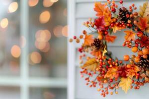 Autumn Decorations With Colorful Berries and Leaves on a Window photo