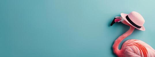 Pink Flamingo Wearing a Straw Hat Against a Turquoise Background photo