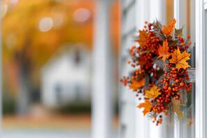 Autumn Decorations With Colorful Berries and Leaves on a Window photo