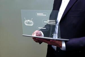 Businessman using tablet chatbot conversation, show chat message box talking virtual. digital online, communication online, software technology and the virtual assistant on communication internet. photo