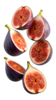 Whole and halved figs with rich red flesh floating, isolated transparent png