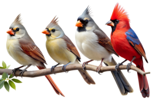 Group of colorful birds on a branch, isolated transparent png