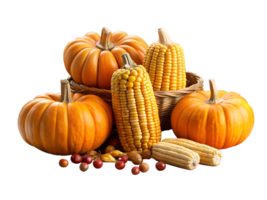 Pumpkins and corn in a rustic autumn setting, isolated transparent png
