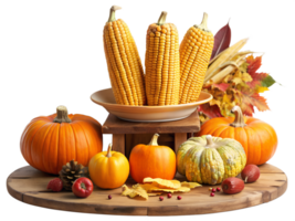 Autumn harvest display with pumpkins and corn, isolated transparent png