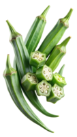 Green okra pods and slices, isolated transparent png