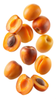 Fresh apricots with whole and sliced pieces, isolated transparent png