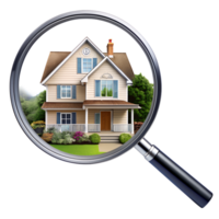Modern home under magnifying glass, isolated on transparent background png